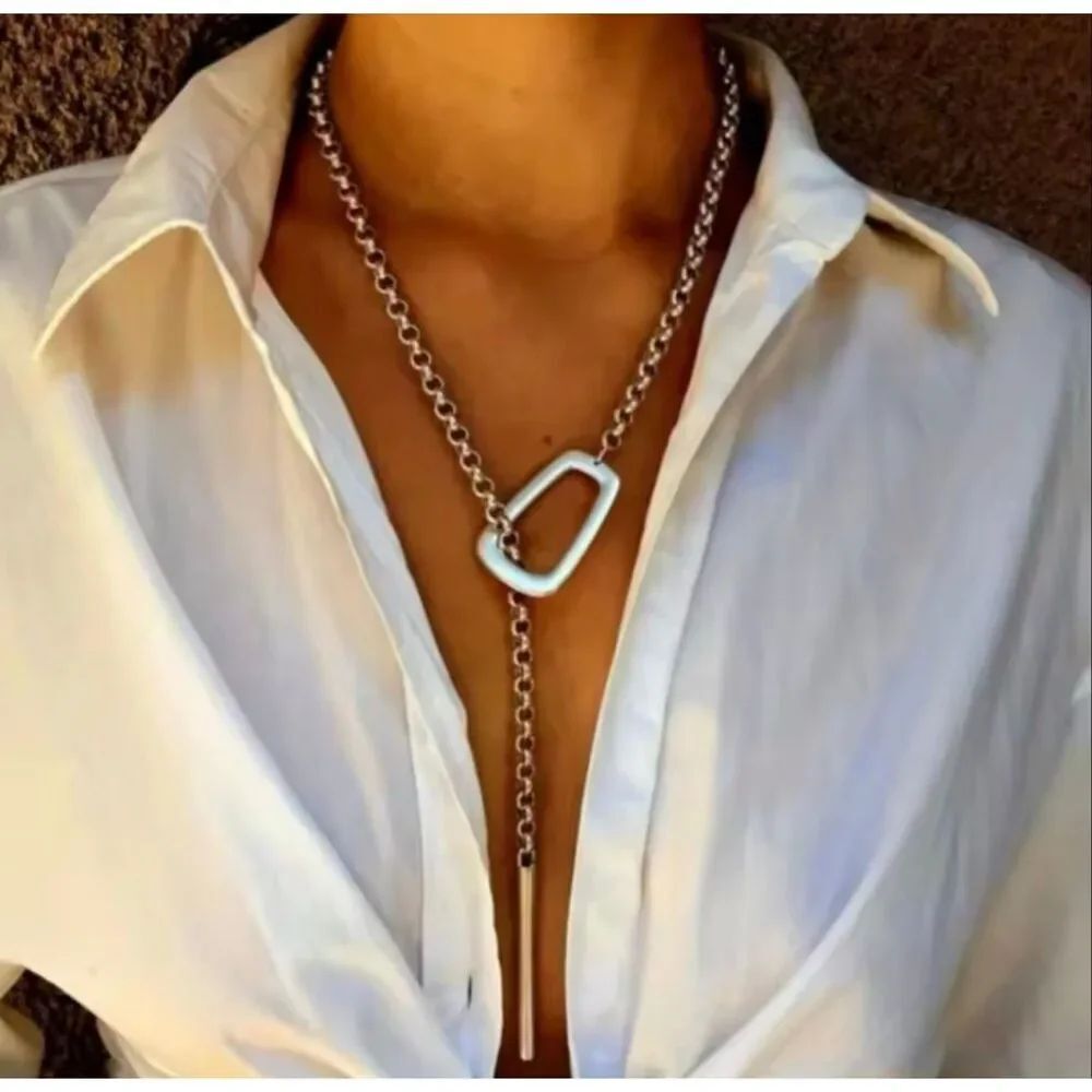 Zara Silver Tone Lariat Necklace Modern Statement Chain Jewelry NWOT